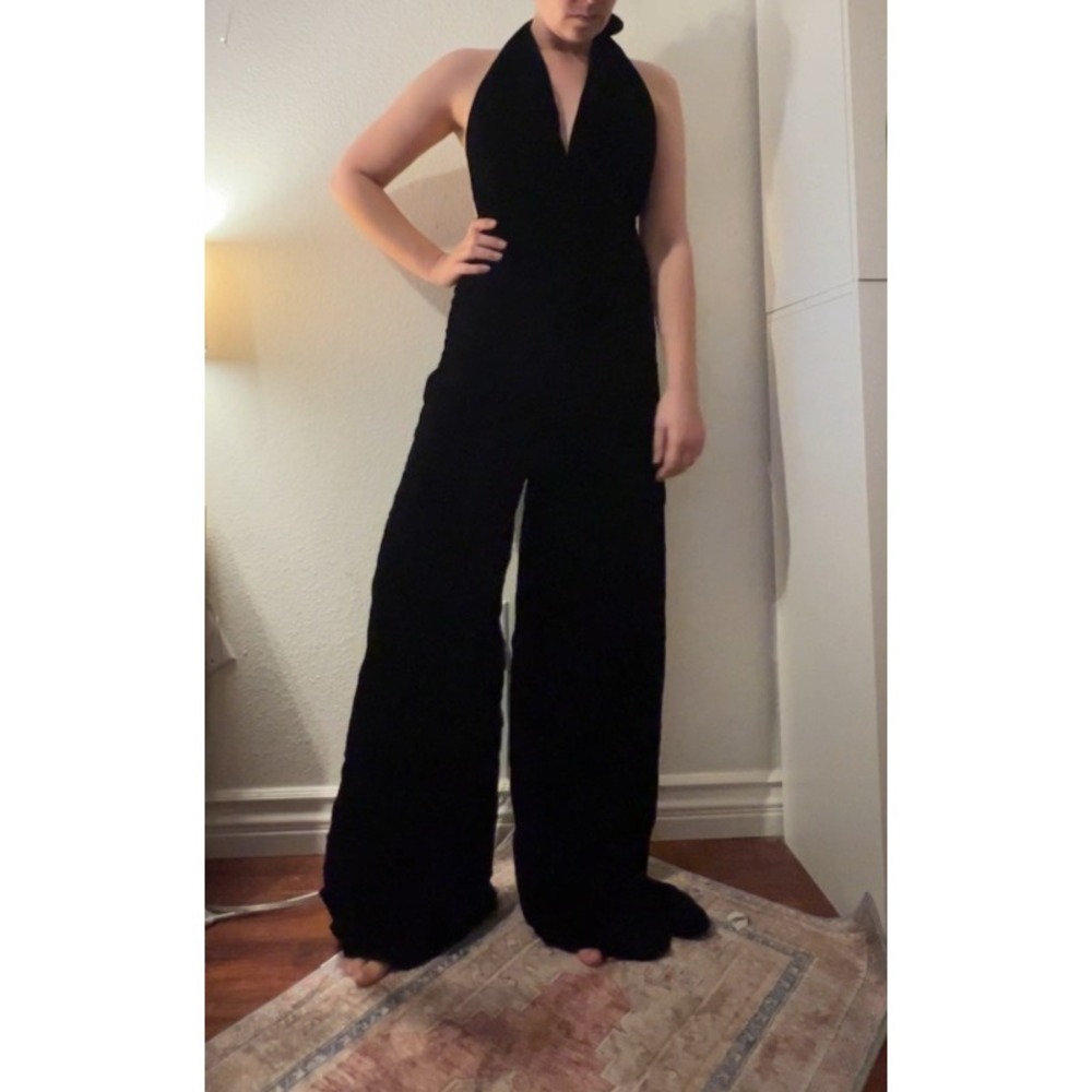 ZARA Womens Black Velvet Open Back Plunge Halter Jumpsuit‎ Sz XS Sexy Date Club